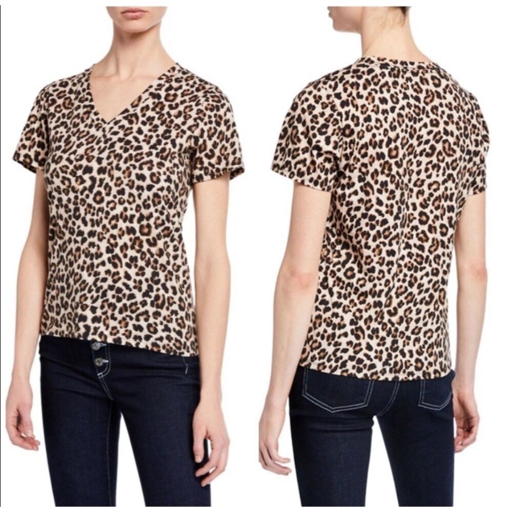 Veronica Beard Saniya Leopard Print Short Sleeve V-Neck Tee Shirt Women's Medium